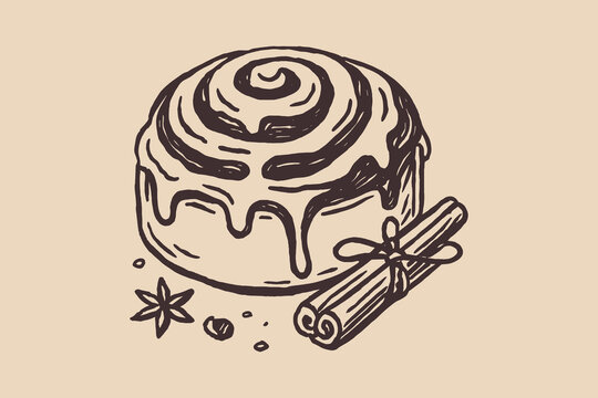 Cinnamon roll sketch with spices vector illustration