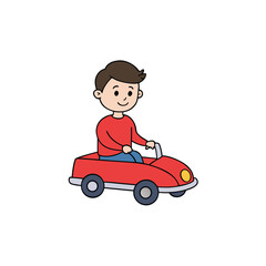 Joyful young boy happily rides a colorful toy car indoors
