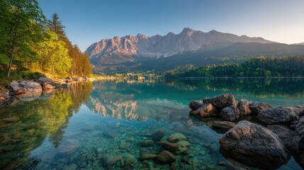 High-quality photo of impressive summer sunrise on eibsee lake with zugspitze mountain range sunny outdoor scene in german alps bavaria germany europe beauty of nature concept.