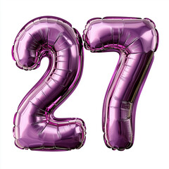 Purple foil number balloons 27 on white background  