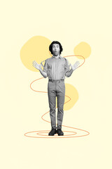 Image pop collage of person stand pull suspenders on yellow color background with drawing round