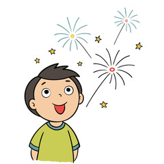 Child amazed by vibrant fireworks display looking up in wonder