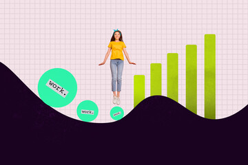 Poster picture collage of person jump stand front charts with back circle work on pink background
