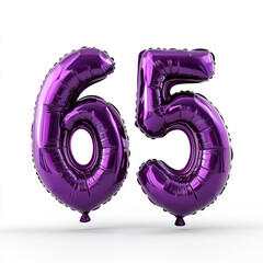 Purple foil number balloons displaying the numbers 65