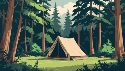 Peaceful Outdoor Camping Scene with a Traditional Tent Nestled Amidst Lush Green Woodland and Towering Evergreens