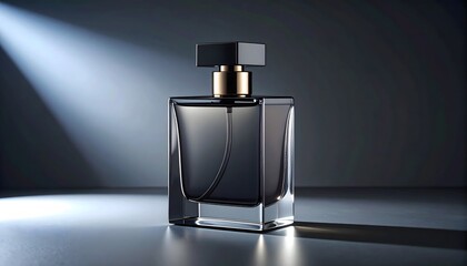Perfume advertisement, bottle and minimalism: Perfume ad featuring a sleek bottle with a black cap on a monochrome background.