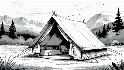 Detailed Black and White Sketch of a Large Glamping Tent with Interior Furnishings in a Mountainous Landscape