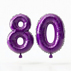 Large purple foil number balloons 80 on white background  