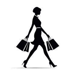 Elegant Silhouette of a Woman in a Dress and High Heels Confidently Walking with Shopping Bags