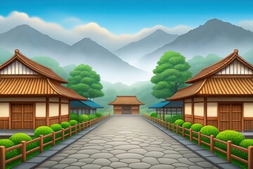 Serene japanese village path leading to misty mountains and traditional houses