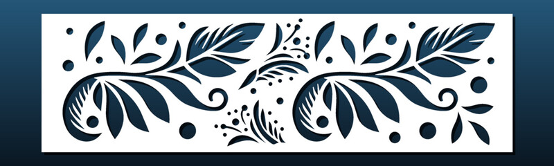 Laser cut panel border template. Floral pattern, leaves. Cnc cutting or engraving for home decor, wall art, interior screen or divider. Papercut, metal or glass carved element/ Vector illustration