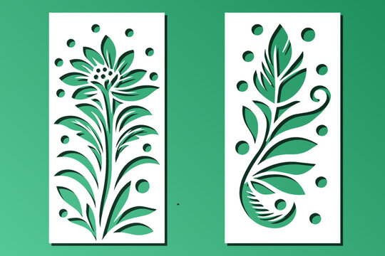 Laser cut panel template, cnc cutting, engraving. Card background, room divider, privacy screen. Floral pattern, flowers and leaves. Vector illustration, diy stencil