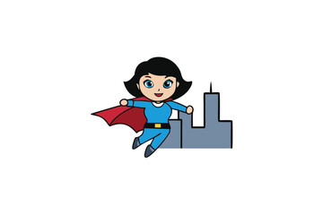 Cartoon superhero girl flying over a city at night with a cape
