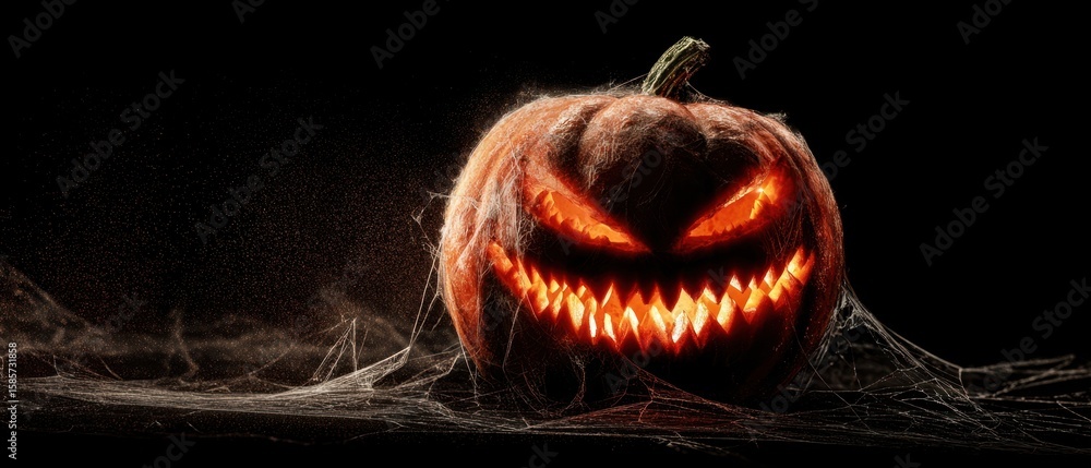 Poster the illuminated jack-o'-lantern with a menacing grin and spiderwebs.