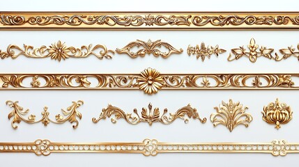 Gold ornate molding designs, studio shot, white background, decorative elements