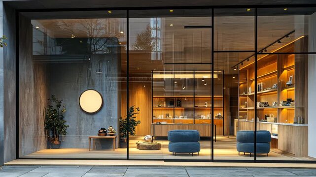 Modern minimalist design shopfront exterior with captivating interior display and urban setting