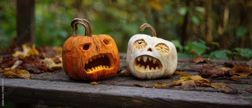 Poster the halloween pumpkins with unique expressions on a rustic table