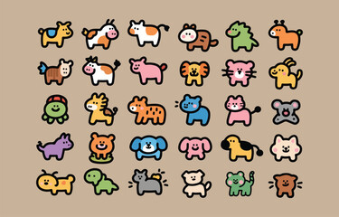 Cheerful cartoon animal icons: diverse, playful, colorful illustrations for kids.