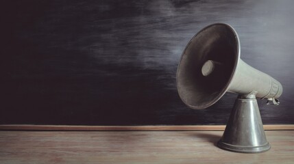 Metallic megaphone on wooden floor with flared horn, conical base, and circular center piece against dark textured chalkboard wall, soft glowing light highlighting sheen and casting gentle shadows.