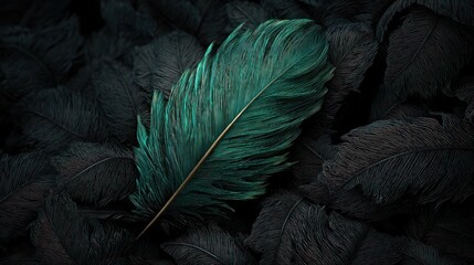A single, teal feather rests atop a bed of dark feathers, creating a striking contrast in texture and color.  The image has a moody, almost mysterious feel