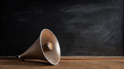 Vintage megaphone with metallic bronze hue resting on wooden surface, flared opening, aged texture, black chalkboard background, faint chalk marks, nostalgic somber atmosphere.