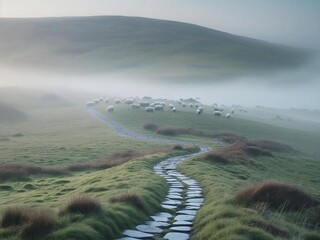 Misty Morning in a Serene Green Valley with Stone Path and Grazing Sheep