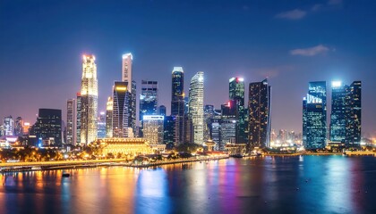 Fototapeta premium Singapore and Hong Kong night city skylines reflect beautifully over urban waters, a panorama of illuminated skyscrapers and architectural marvels