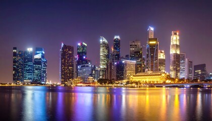 Fototapeta premium Singapore and Hong Kong night city skylines reflect beautifully over urban waters, a panorama of illuminated skyscrapers and architectural marvels