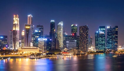 Fototapeta premium Singapore and Hong Kong night city skylines reflect beautifully over urban waters, a panorama of illuminated skyscrapers and architectural marvels