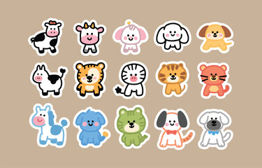Fototapeta premium Adorable cartoon animal stickers: cute cows, playful dogs, and friendly tigers.