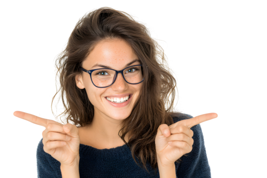 Portrait of a Happy Woman Pointing Left and Right – Isolated on Clear Background