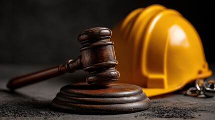 High-quality photo of judge's hammer and helmet Law and Justice about labor law concept Construction law.