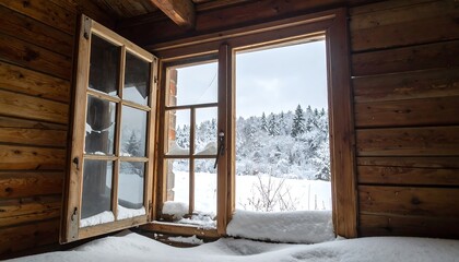 Snowy winter view from a rustic cabin window