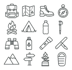 Essential camping icon collection. simple camping gear, map, tent, compass, boots, fire, sleeping bag, flashlight, knife, linear vector icons.