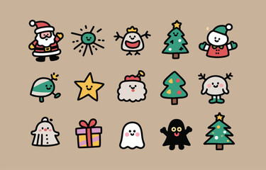 Fototapeta premium Cute Christmas and Halloween Character Icons: Whimsical, Doodle Style, Festive Mood