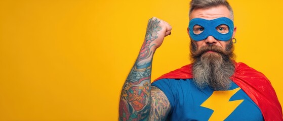 The superhero man showcasing confidence with a vibrant costume and beard.