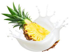 Cut Pineapple with Milk Splash Swirl, Side Angle View, Isolated on Transparent Background