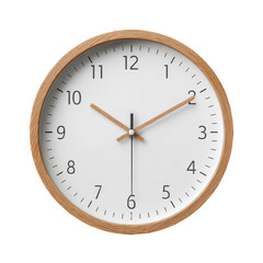 A round wall clock with a wooden frame, white face, black numerals, and brown hour, minute, and second hands showing the time 10:10:30.