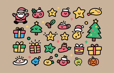 Fototapeta premium Cheerful Christmas Doodle Icons: Cute, Colorful, Festive Holiday Clipart Set