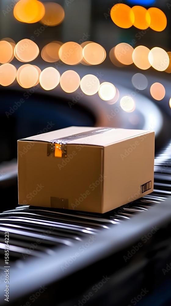 Poster cardboard package on conveyor belt with blurred bokeh lights background, representing automated logi