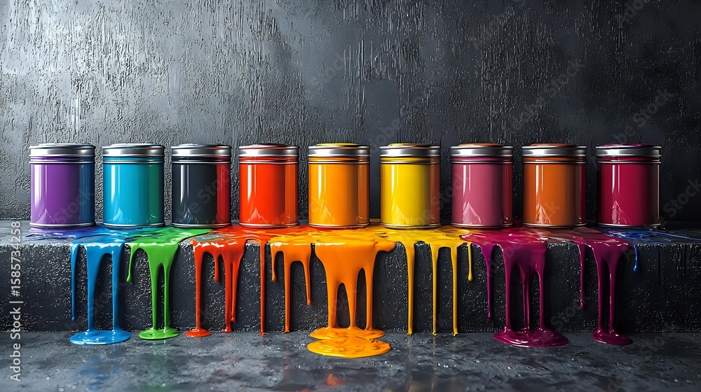 Aufkleber colorful paint cans arranged in row with vibrant dripping paint creating artistic pattern against da