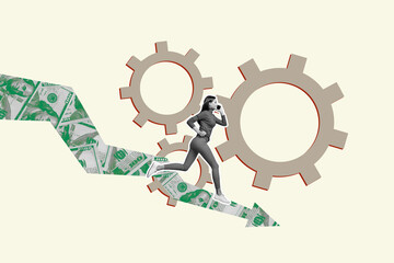 Composite poster image art collage of happy businesswoman stand dollar arrow gearwheel development...