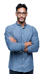 Hispanic man wearing glasses and a blue button up shirt standing with arms crossed isolated on white background. 
