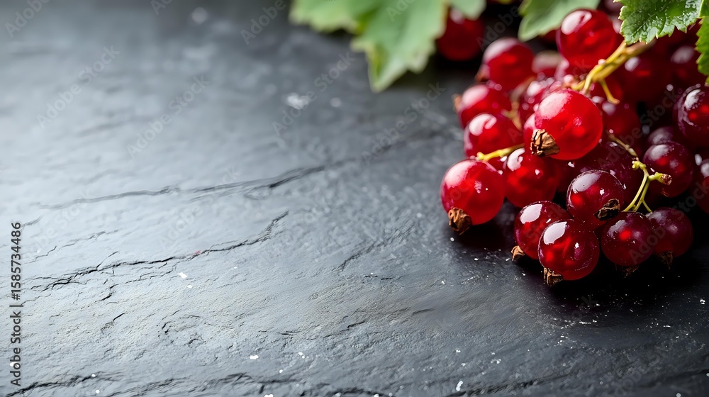 Aufkleber fresh ripe red currant berries with green leaves on dark stone slate background with copy space for 