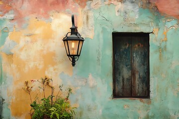 An adobe home with worn pastel painted walls and rustic iron lanterns