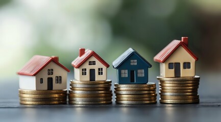 Small model houses in different colors placed on stacks of golden coins against blurred background, representing real estate investment and property market growth.