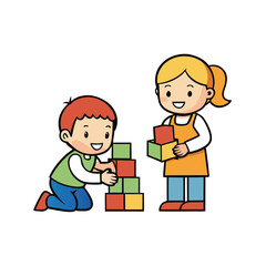 Adorable cartoon siblings happily playing with colorful building blocks together