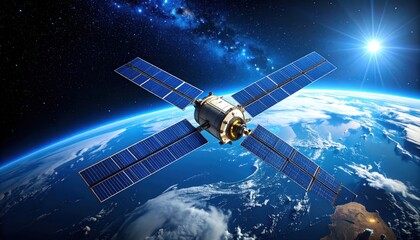 Astronautical satellite orbiting the earth in a dark starry night sky