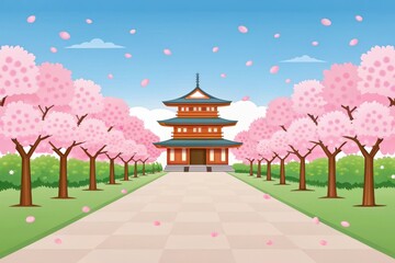 Pagoda temple surrounded by blooming cherry blossom trees in spring