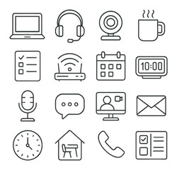 Remote work icon collection: simple linear icons for laptop, webcam, headset, calendar, and more